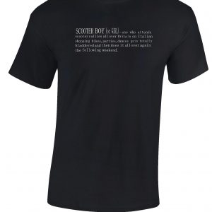 Black t-shirt with a dictionary definition of scooterboy