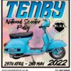 Picture of the cloth patch for the Tenby scooter rally in 2022, featuring a sky blue Vespa scooter.