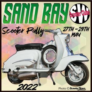 Scooter patch for the Sand Bay rally, featuring the South West Scooter Clubs logo and a series 1 Lambretta scooter.