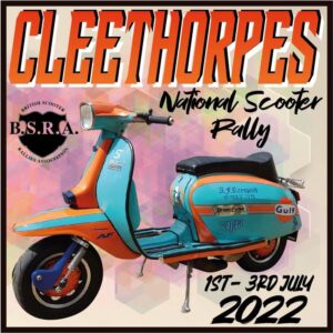 Scooter rally patch for Cleethorpes 2022 featuring an orange and sky blue Lambretta scooter