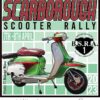 Green and red design on scooter rally patch for the Scarborough national scooter rally at Easter 2023. It features a Lambretta scooter.
