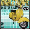 Fabric patch for the 2023 Mablethorpe scooter rally. Features a yellow Vespa scooter with the date of the rally.