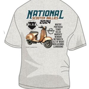 Graphic of the back of the 2024 national scooter rallies t-shirt featuring the dates of all the national rallies and a copper coloured Vespa scooter.