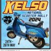 Square fabric patch for the Kelso national scooter rally in 2024 featuring the custom scooter Little Rascal which is a blue metalflake Vespa PX scooter.