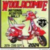 Patch for the Woolacombe 2024 scooter rally featuring a red and white Armando's Vespa against a lime green background.