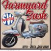Scooter patch from the Farmyard Bash 2025 scooter rally featuring a silver Lambretta scooter and South West Scooter Clubs logo.