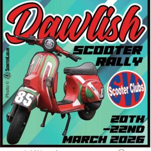 Patch for the Dawlish scooter rally featuring a red street racer Vespa.