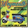 Patch for the 2026 Weymouth national scooter rally featuring a custom Lambretta scooter