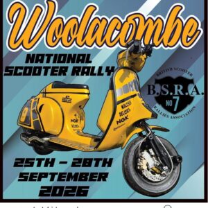A fabric patch for the Woolacombe scooter rally featuring a custom yellow Vespa scooter.