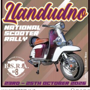 A fabric patch for the Llandudno scooter rally featuring a burgundy and white Lambretta scooter.